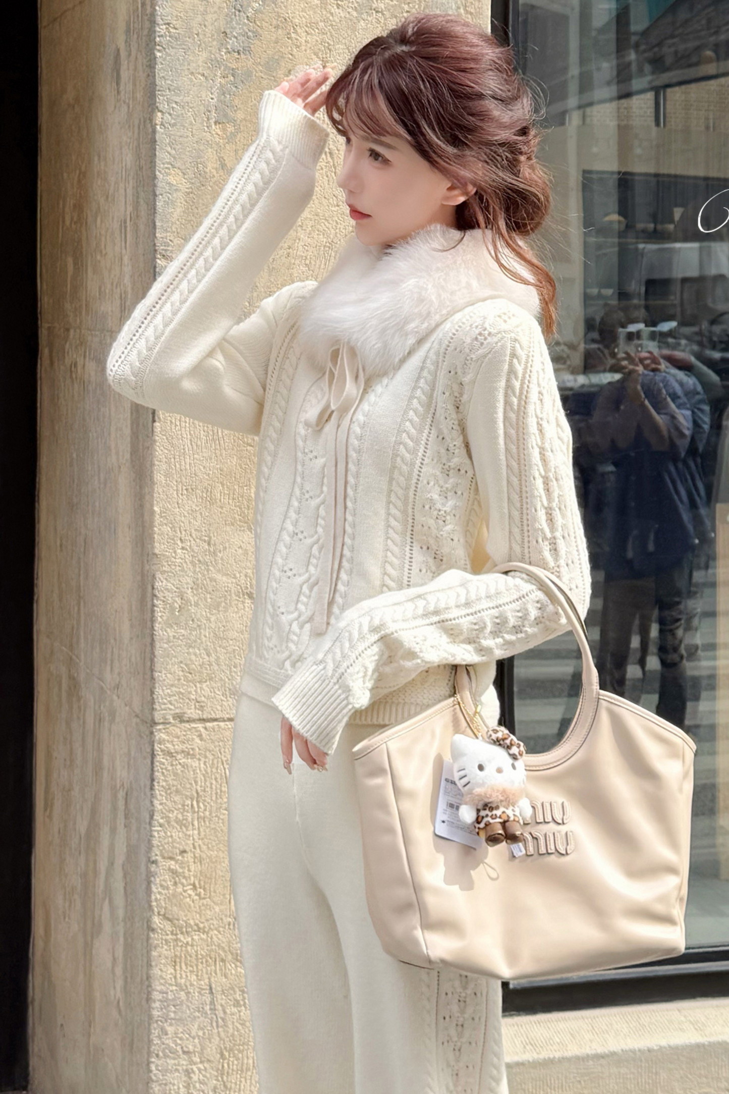Wool Twist Knit + Knit Flare Wide Pants + Knit Muffler