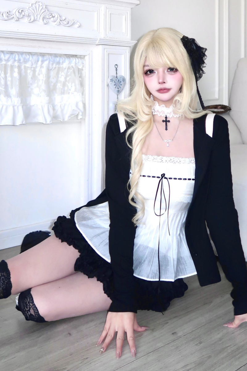 Sweet Style Lace Ribbon Top + Short Jacket + Skirt