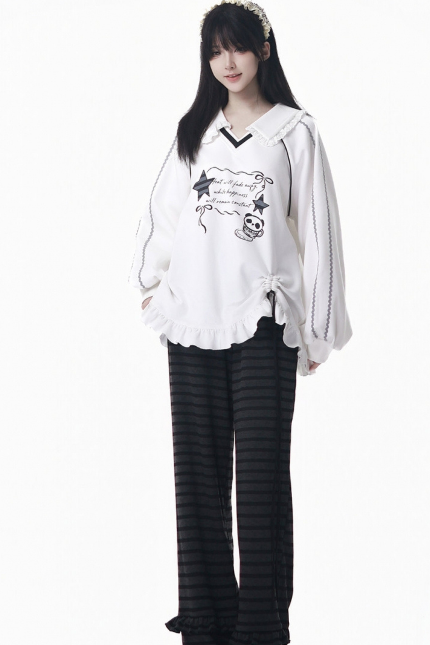 Lapel Lace Star Top + Ruffle Pants