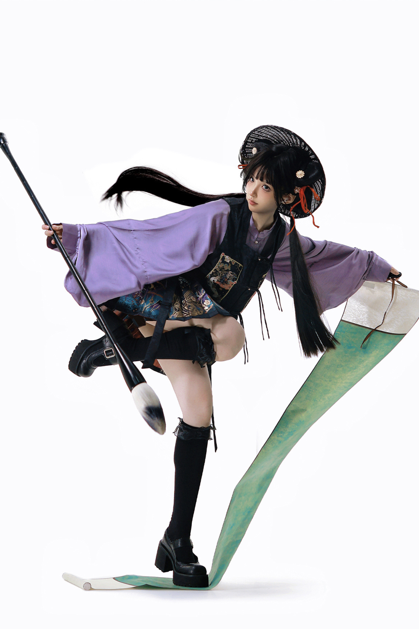 Dark Chinese-style Shirt + Vest + Skirt