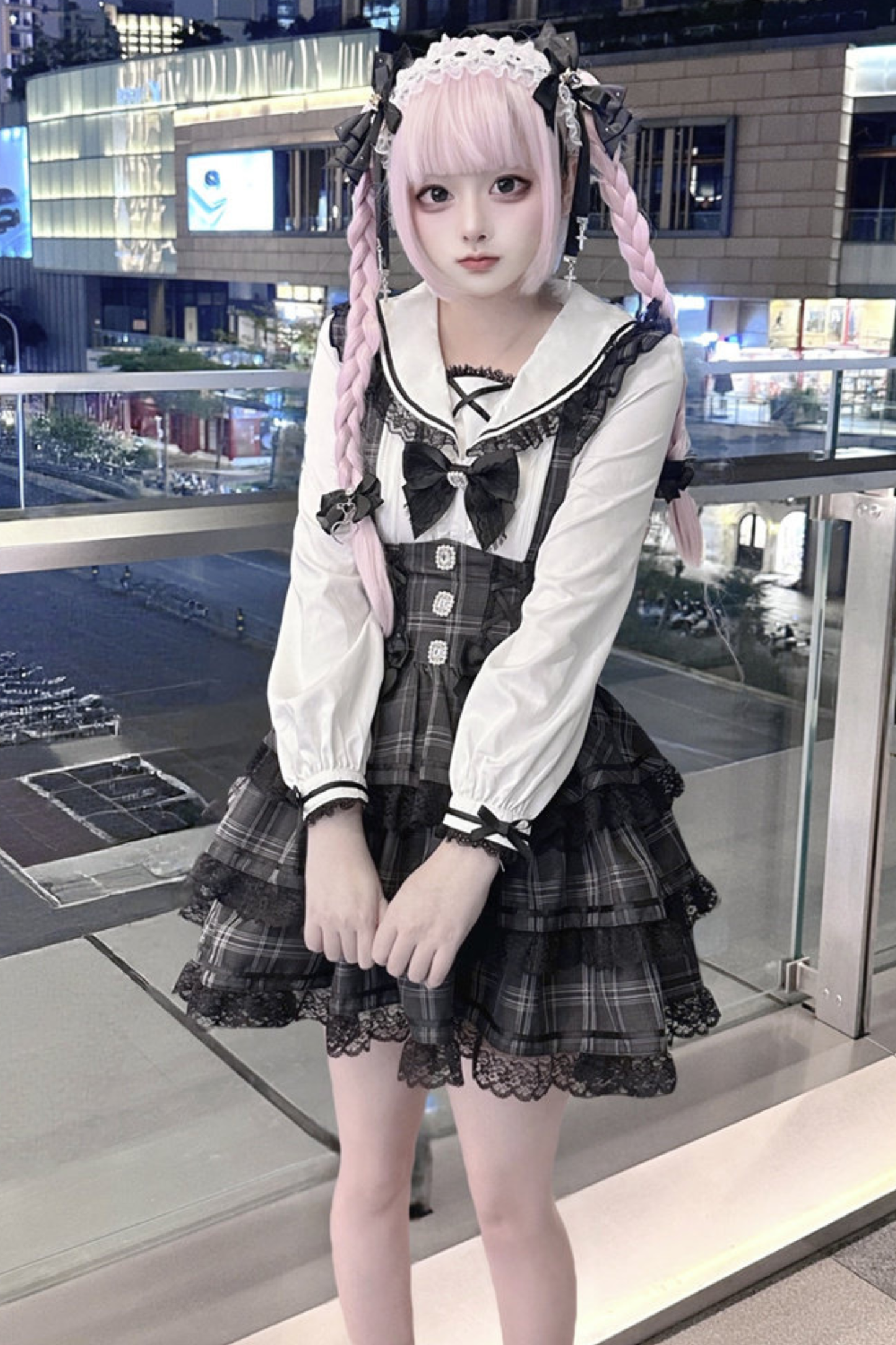 Plaid Flutter Sleeve Suspender Skirt + Top