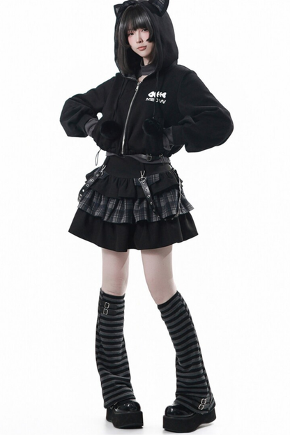 Cat Ear Jacket + Tiered Skirt + Top + Striped Leg Warmers