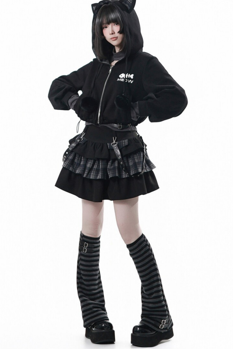 Cat Ear Jacket + Tiered Skirt + Top + Striped Leg Warmers