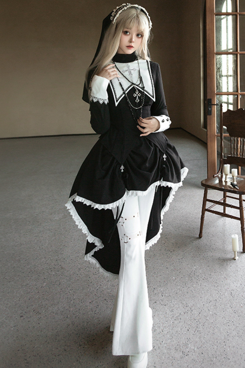 Sister Gothic Top + Flared Pants + Hair Accessories + Necklace