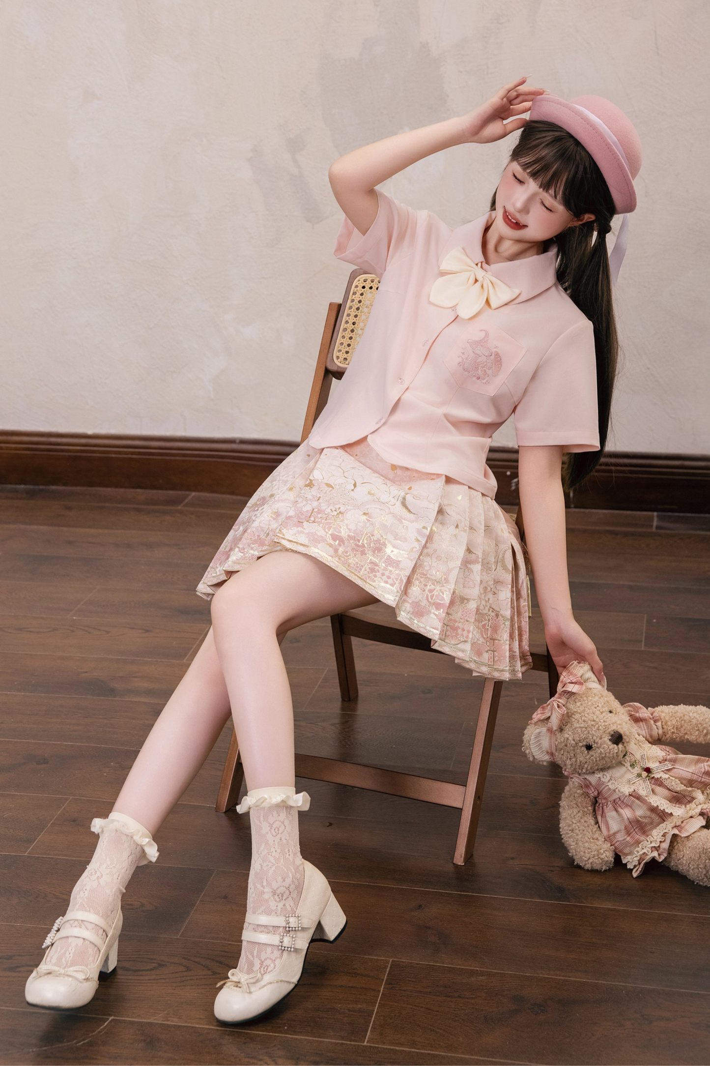 Sweet Chinese-style Preppy Shirt + Skirt + Bow Tie