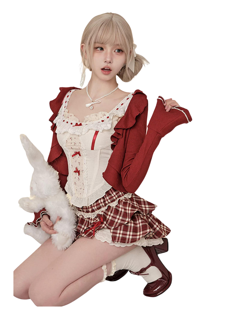 Red Wine Sweet Cherry Summer Suit Red Cardigan + Vest Top + High Waist Red Plaid Skirt
