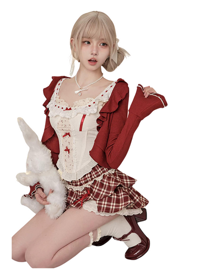 Red Wine Sweet Cherry Summer Suit Red Cardigan + Vest Top + High Waist Red Plaid Skirt