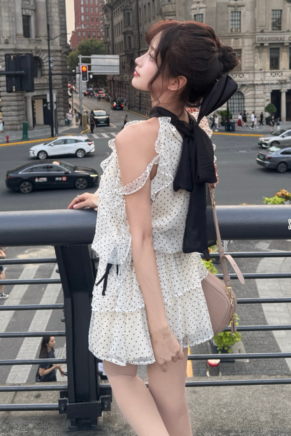 Off Shoulder Polka Dot Ribbon Dress