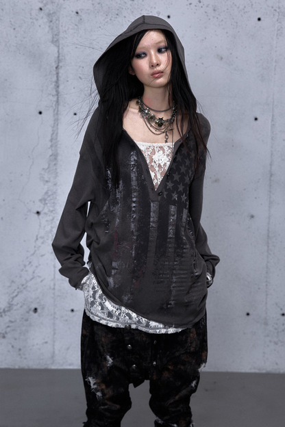 Lace Patchwork Loose Hooded Hoodie