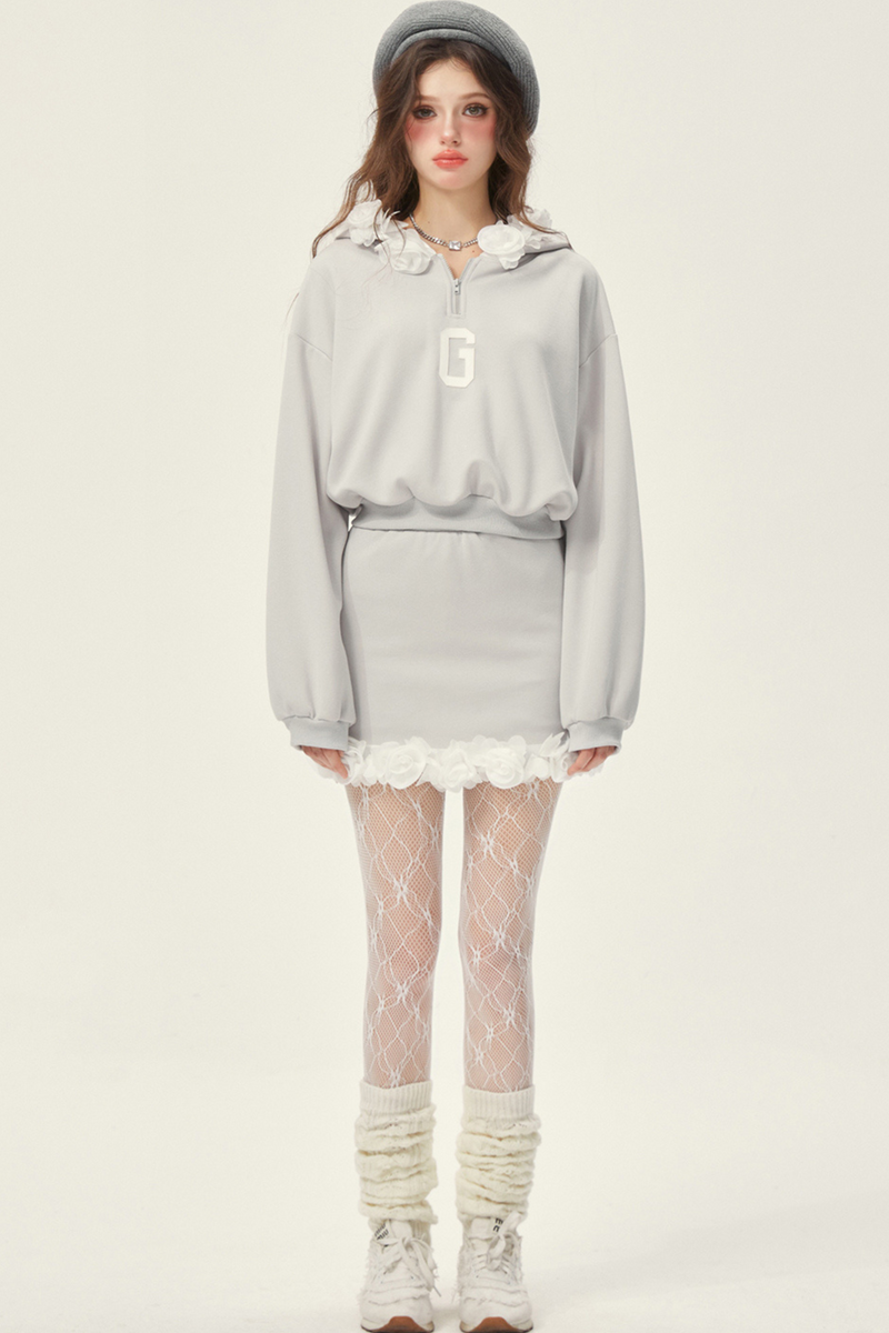 Gray Hooded Top + Ruffle Tight Skirt