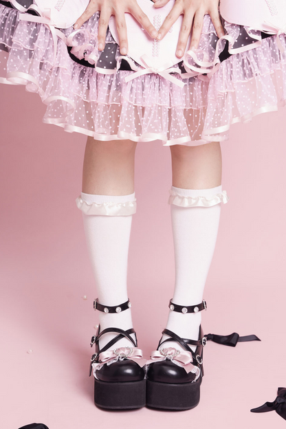 Lace Sheep Puff Lolita Lace Rhinestone Ribbon Flatform Shoes
