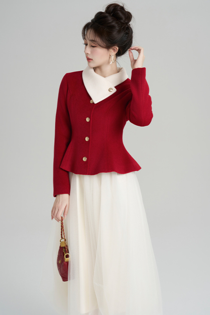 Red Wool Waist Cinching Coat + Long Dress