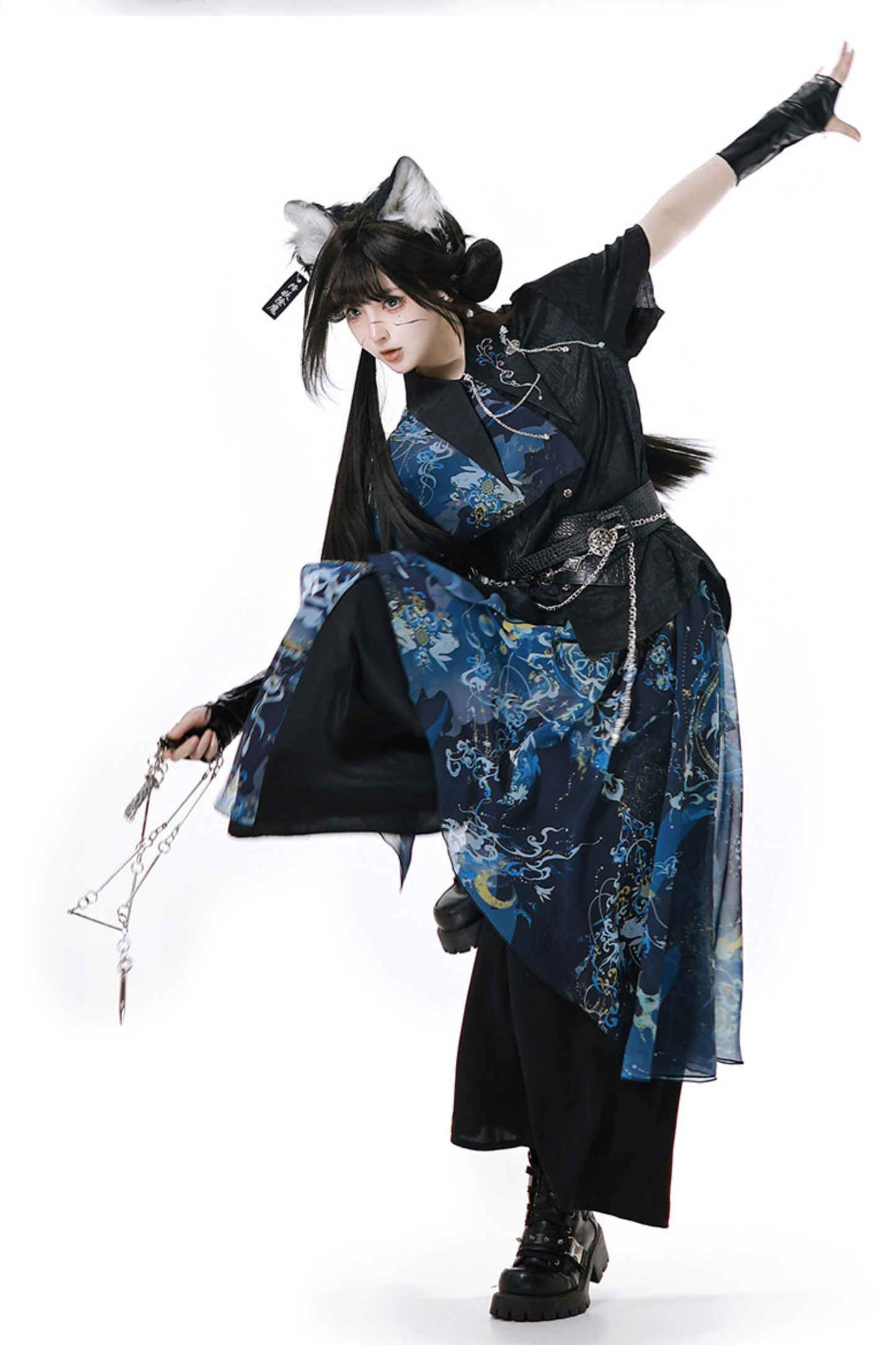 Dark Chinese-style Shirt + Wide Leg Pants + Chain + Belt