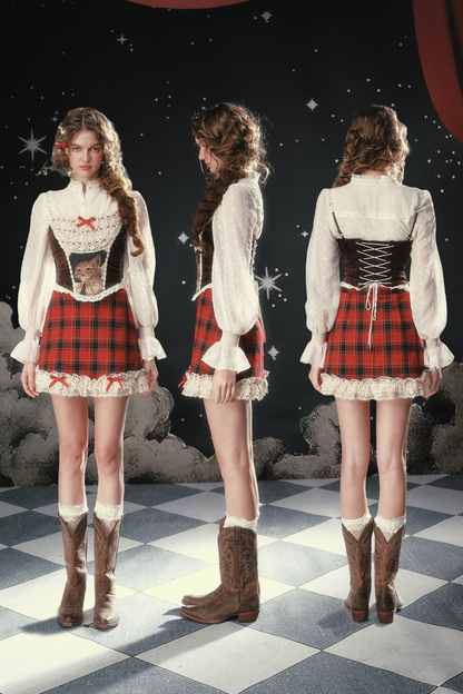 Lace Maid Plaid Corset Top + Crochet Cardigan + Plaid Skirt