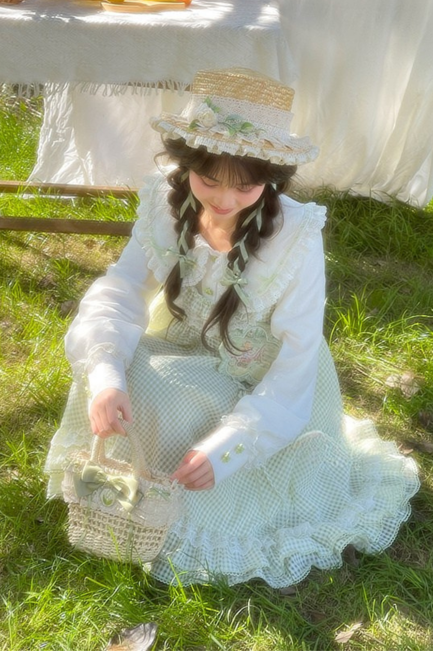 Lace Retro Doll Shirt + Gingham Plaid Sleeveless Dress