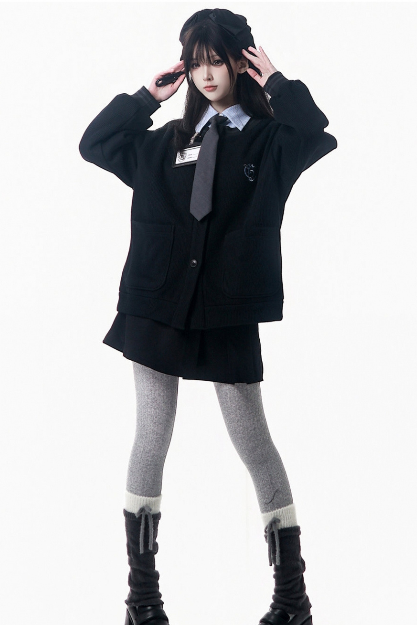 College Blue Shirt + Cardigan + Short Skirt + Long Skirt