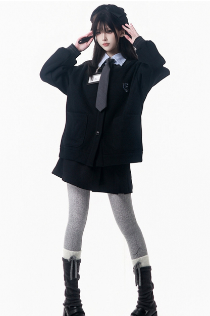 College Blue Shirt + Cardigan + Short Skirt + Long Skirt
