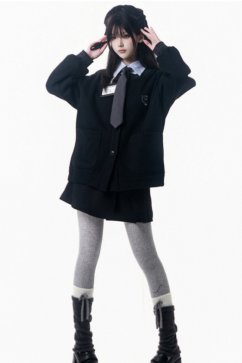 College Blue Shirt + Cardigan + Short Skirt + Long Skirt