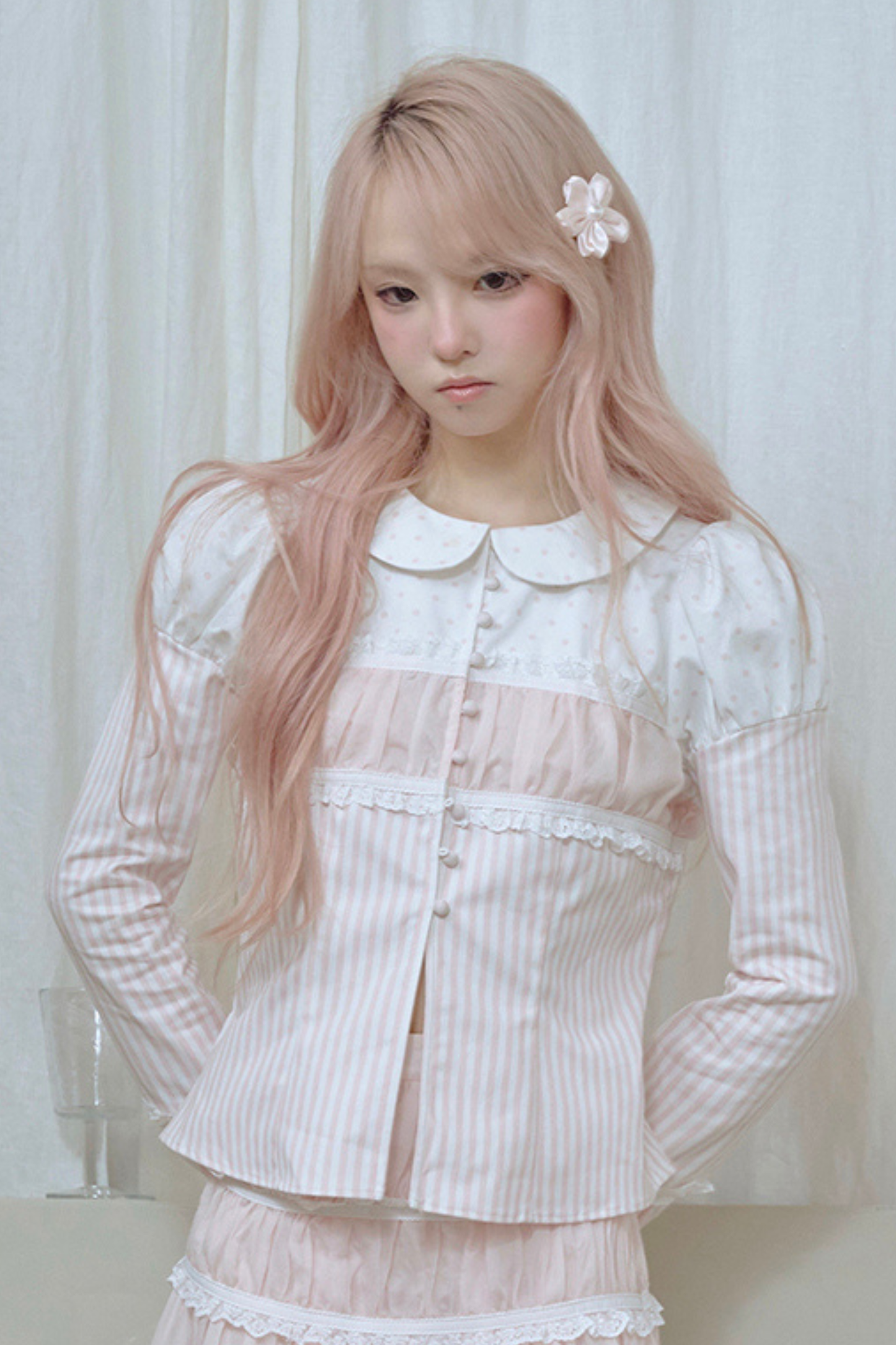 Striped Doll Collar Puff Sleeve Shirt