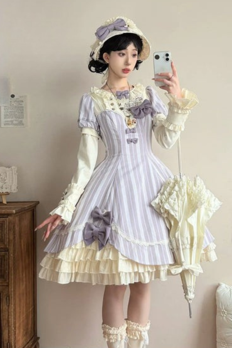 [pre-order] Striped Lolita Dress + Ribbon Clip