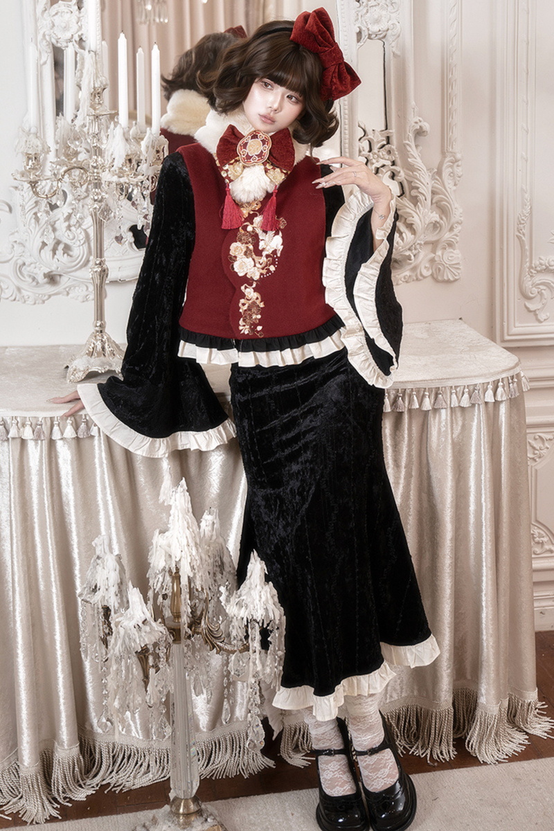 Retro Fish Tail Chinese-style Dress + Vest + Fur Scarf