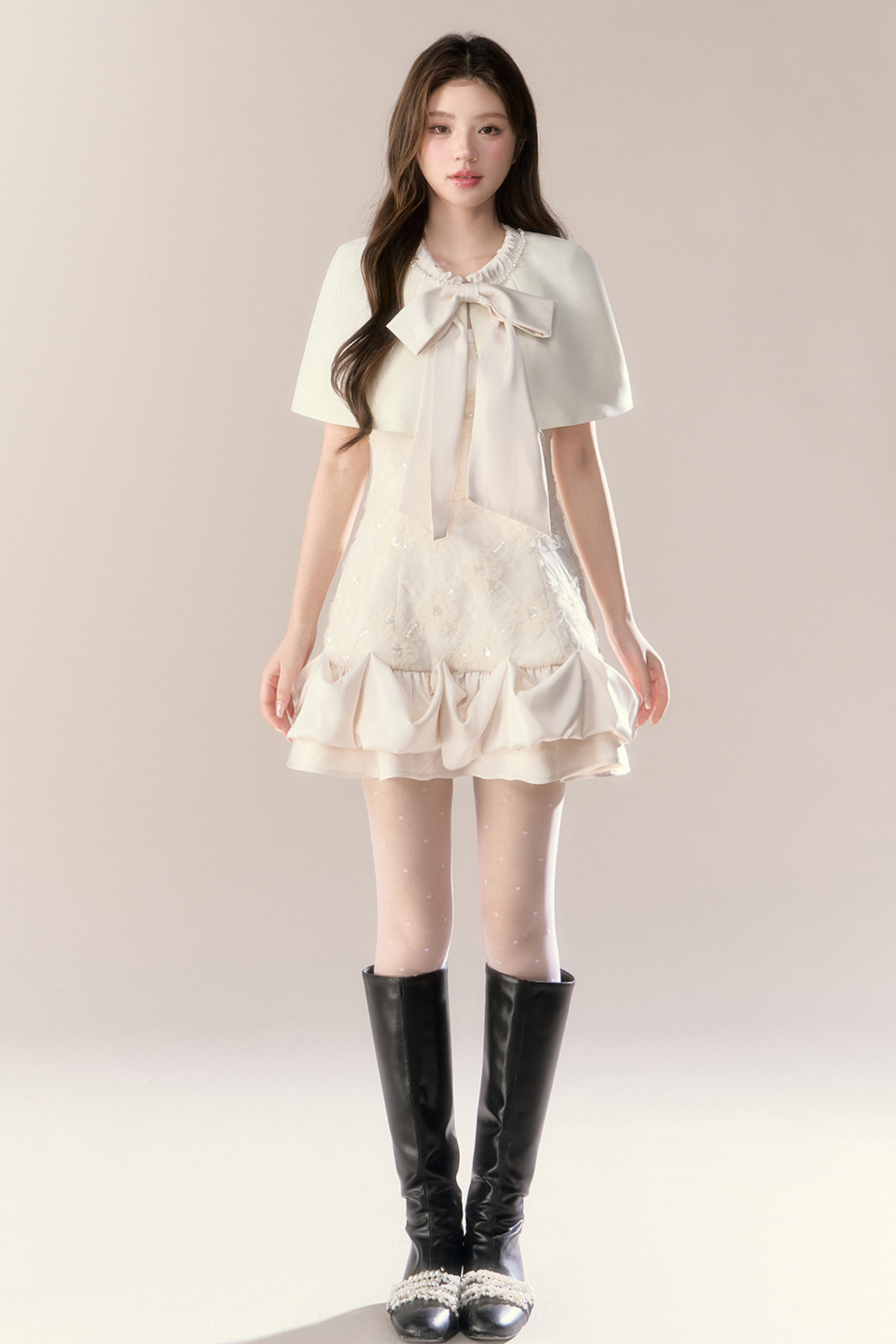 Ruffle Girly Pure Sleeveless Dress + Ribbon Cape