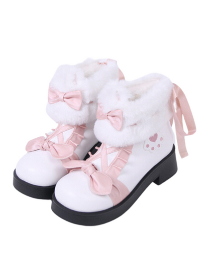 Snow Lolita Mid-heel Color Block Ribbon Sweet Velvet Short Boots