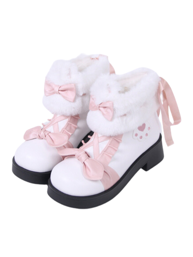 Snow Lolita Mid-heel Color Block Ribbon Sweet Velvet Short Boots