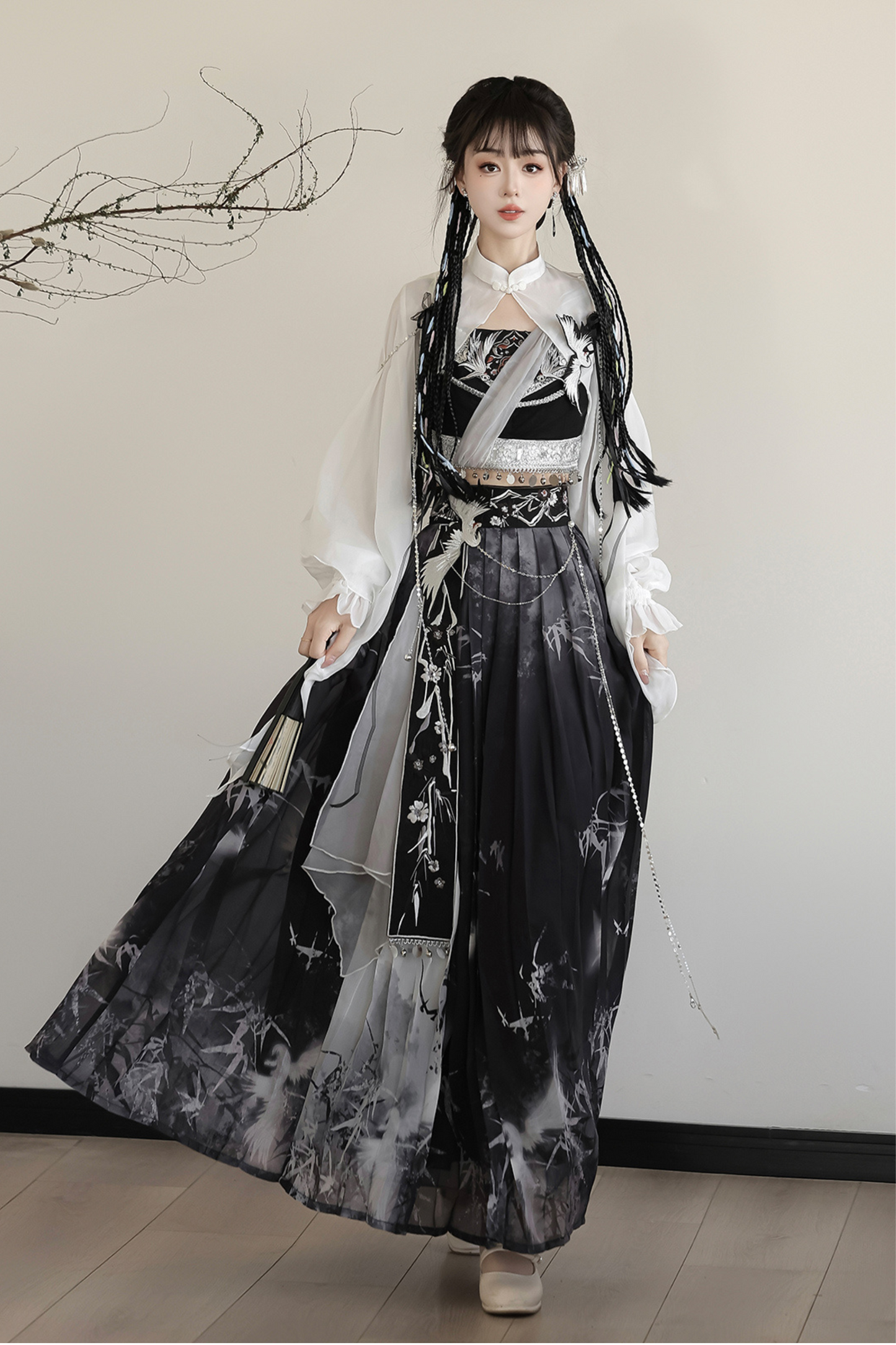 Retro Dark China Skirt + Camisole + Sheer Coat