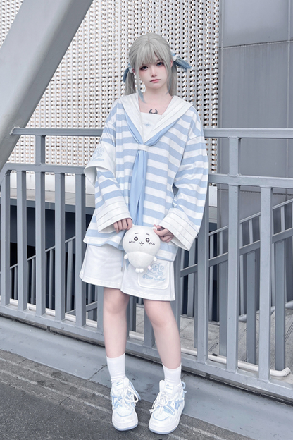 [angel Style] [pre-order] Striped Sailor Collar Subculture Top + Shorts