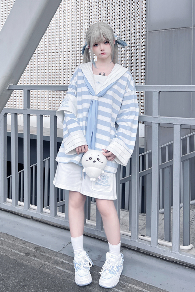 [angel Style] [pre-order] Striped Sailor Collar Subculture Top + Shorts