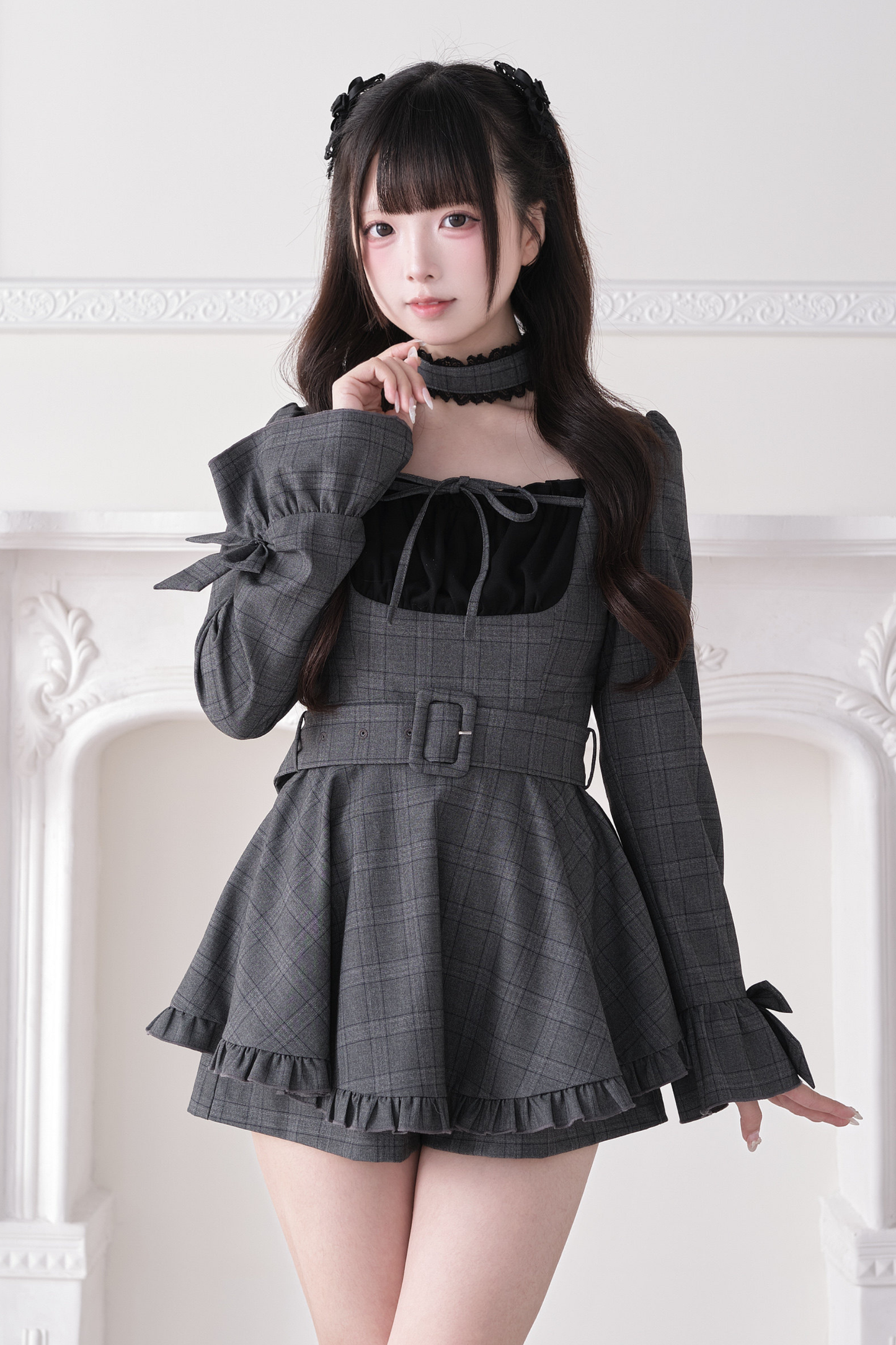 Plaid Ribbon Lace Dress