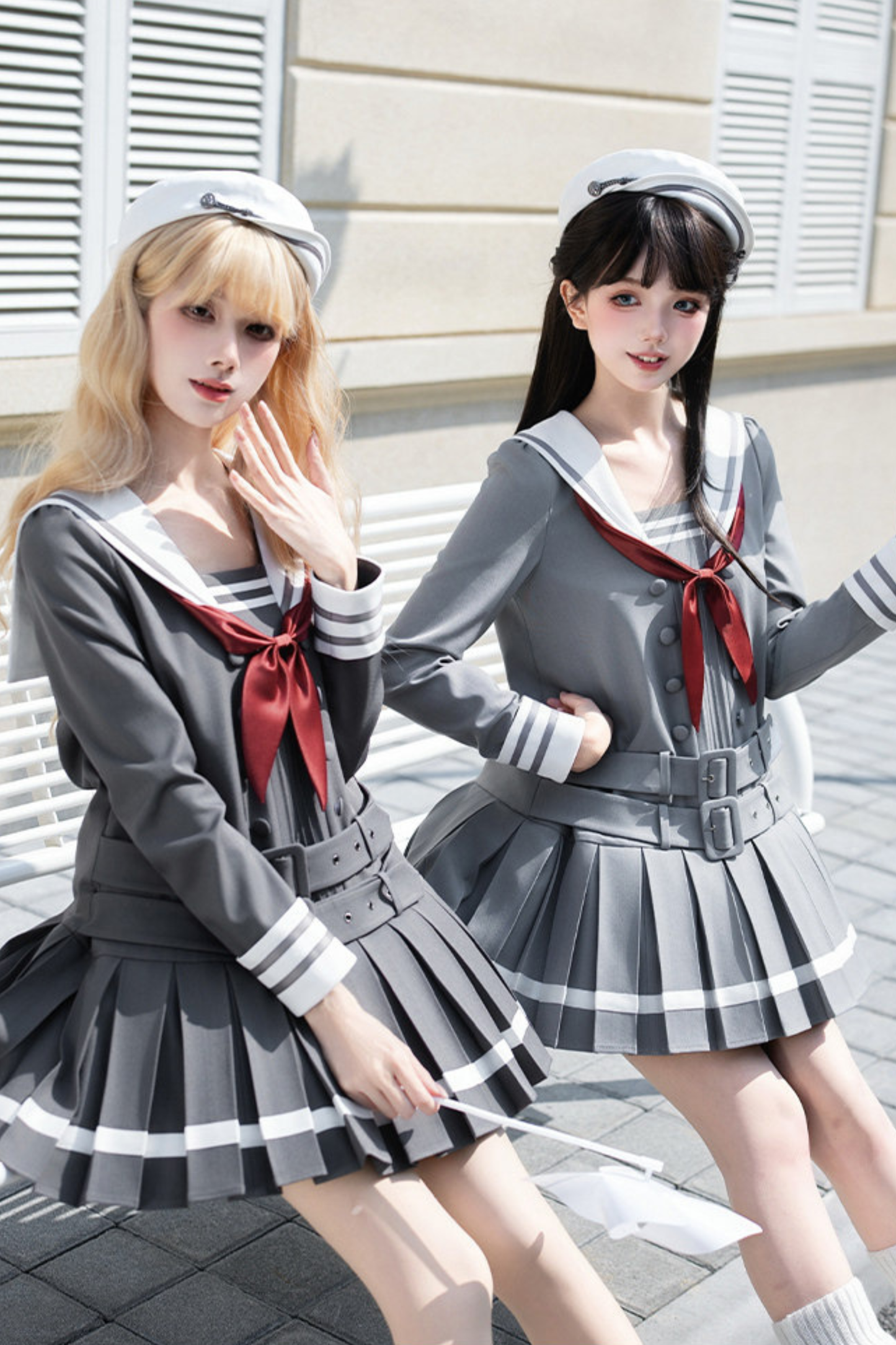 Sailor Collar Pleated College Dress + Ribbon + Hat