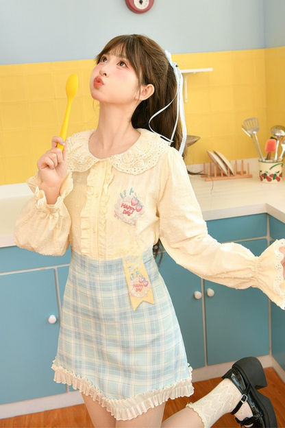 [pre-order] Strawberry Shortcake + Plaid High Waist Skirt + Custard Cardigan