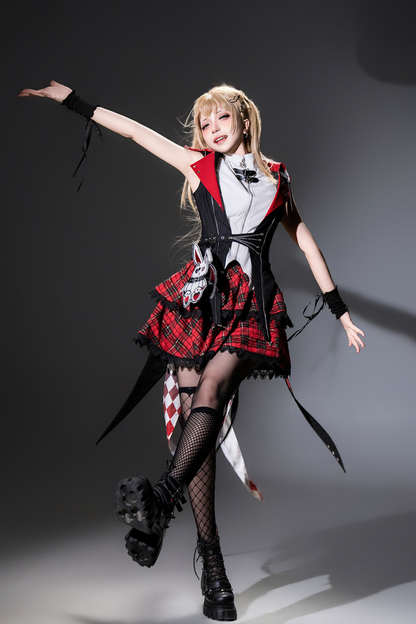 [pre-order] Bunny Rock Star Girl Hooded Jacket + Blouse + Plaid Skirt