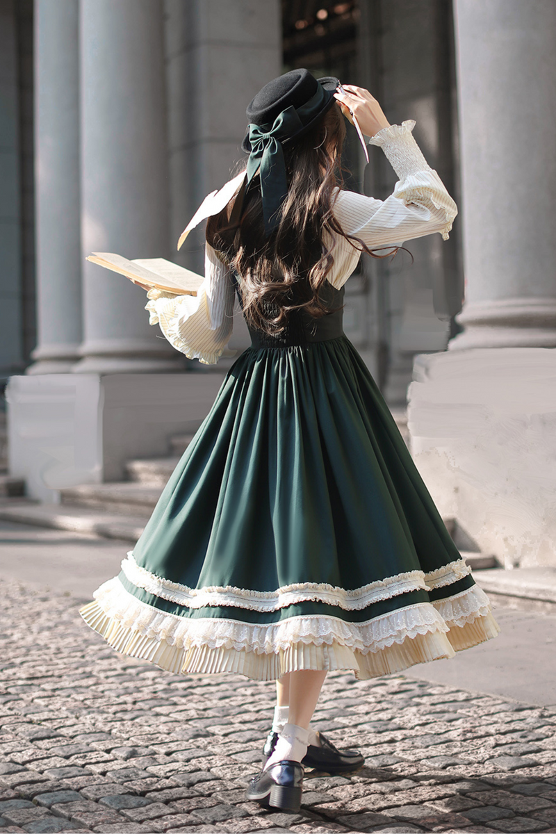 [pre-order] Retro Academia Jumper Skirt + Striped Shirt + Hooded Cape + Short Jacket + Collar + Brooch