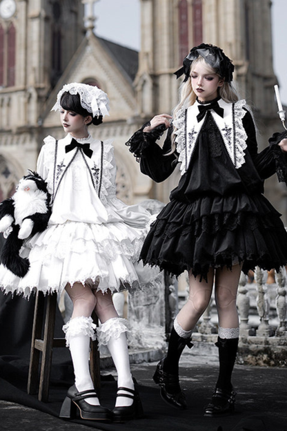 Gothic Doll Multi-tiered Dress + Belt + Fake Collar + Hairband