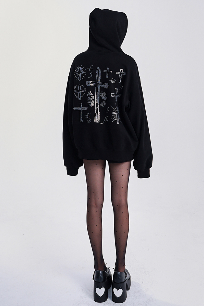 Big Cross Design Loose Hooded Sweatshirt