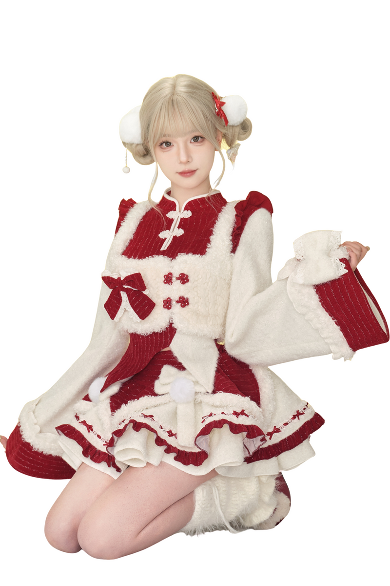 Fur Chinese-style Design Vest + Red Chinese-style Top + Flare Short Skirt