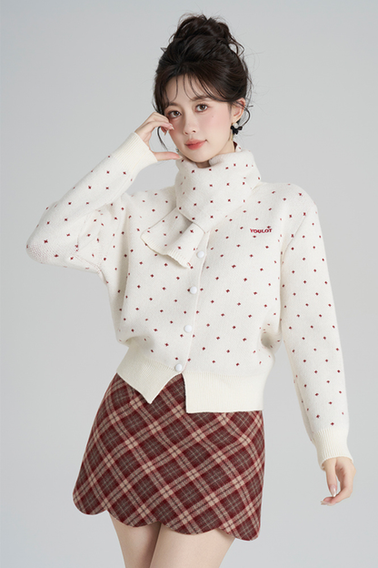 French Style Dotted Cardigan With Scarf
