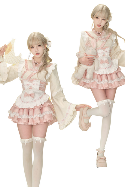 Cherry Blossom Japanese Style Top + Ribbon Girdle Apron + Pink Lace Tiered Skirt