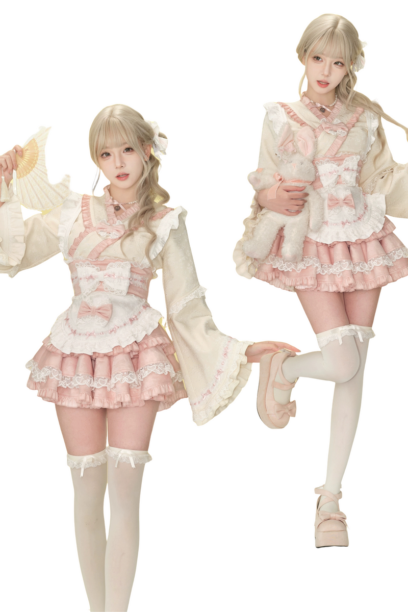 Cherry Blossom Japanese Style Top + Ribbon Girdle Apron + Pink Lace Tiered Skirt