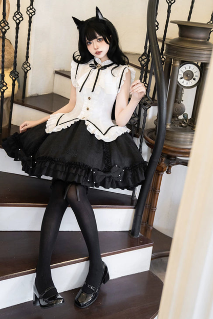 Flying Sleeve Sweet Dark Top + Flare Skirt