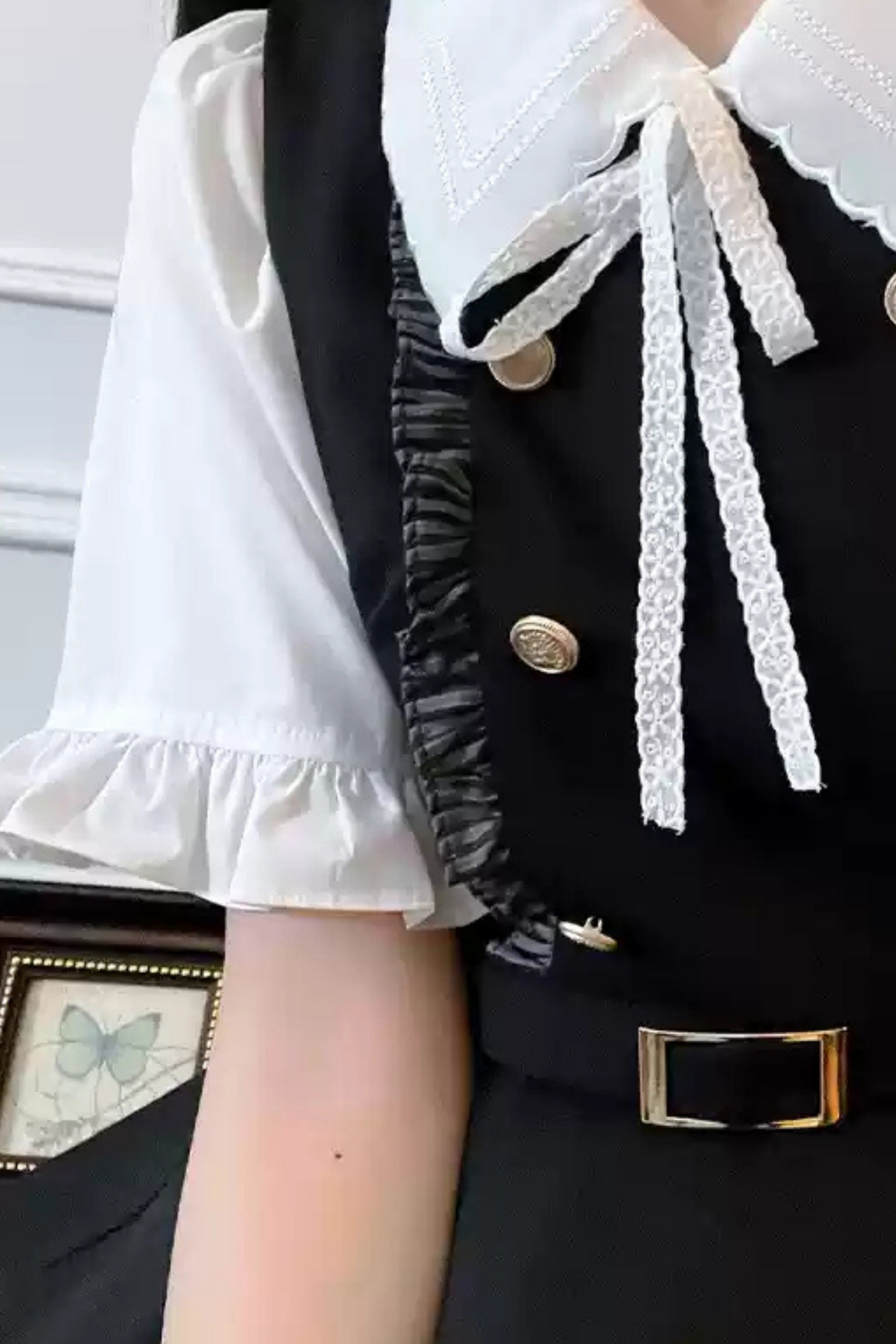 Plaid Suspender Skirt + Ribbon Ruffle Shirt