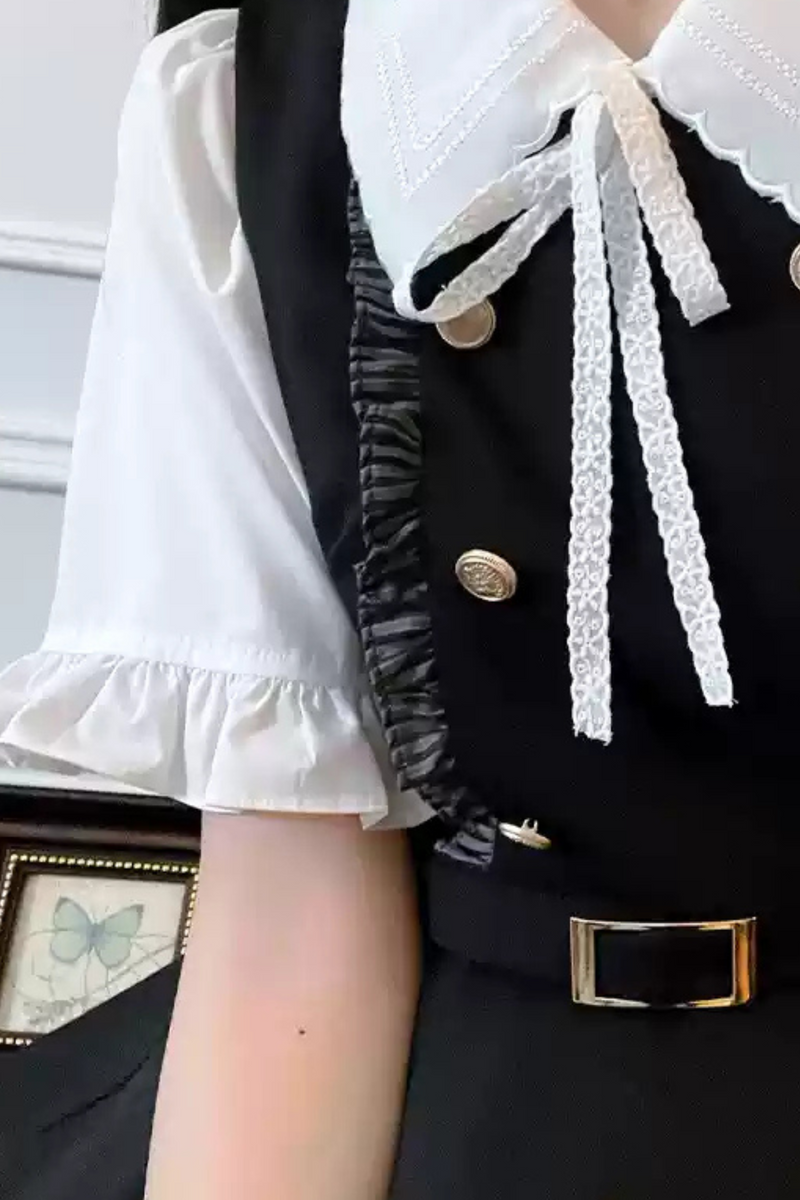 Plaid Suspender Skirt + Ribbon Ruffle Shirt