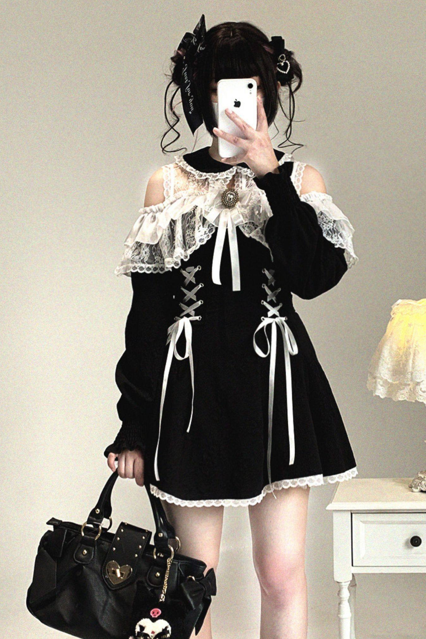 Off Shoulder Lace Up Lace Dress