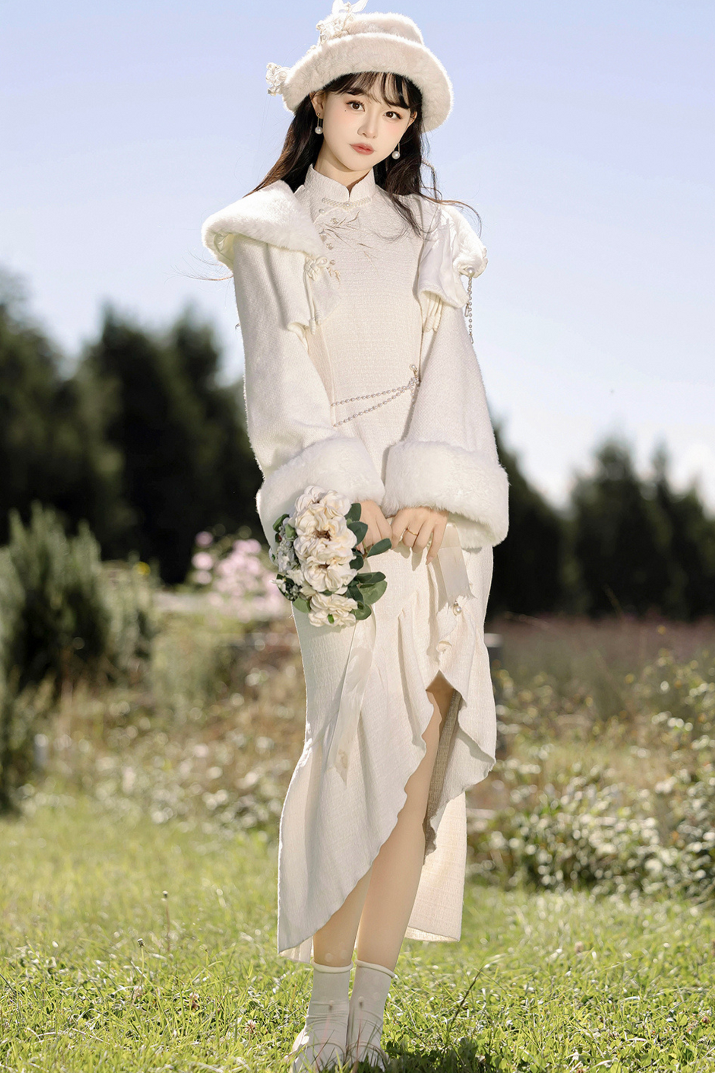 Retro Cheongsam Dress + Short Fur Coat