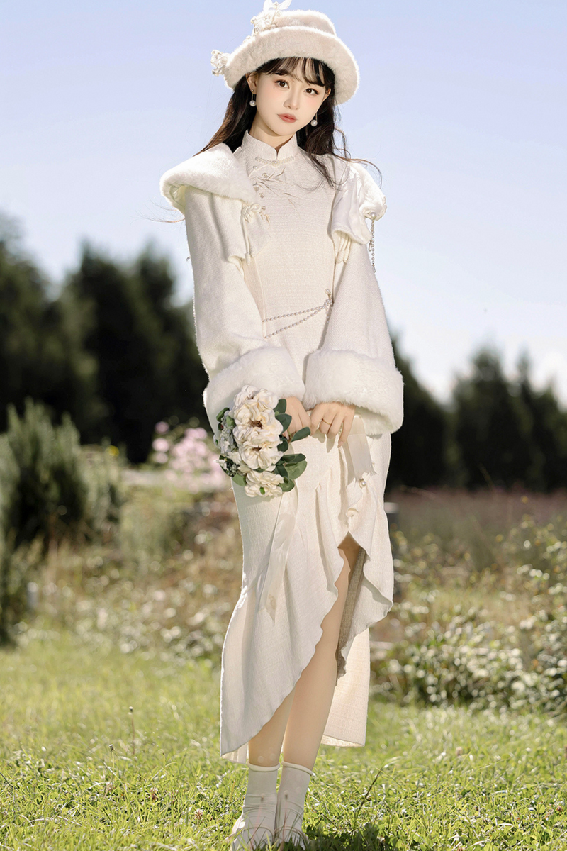 Retro Cheongsam Dress + Short Fur Coat