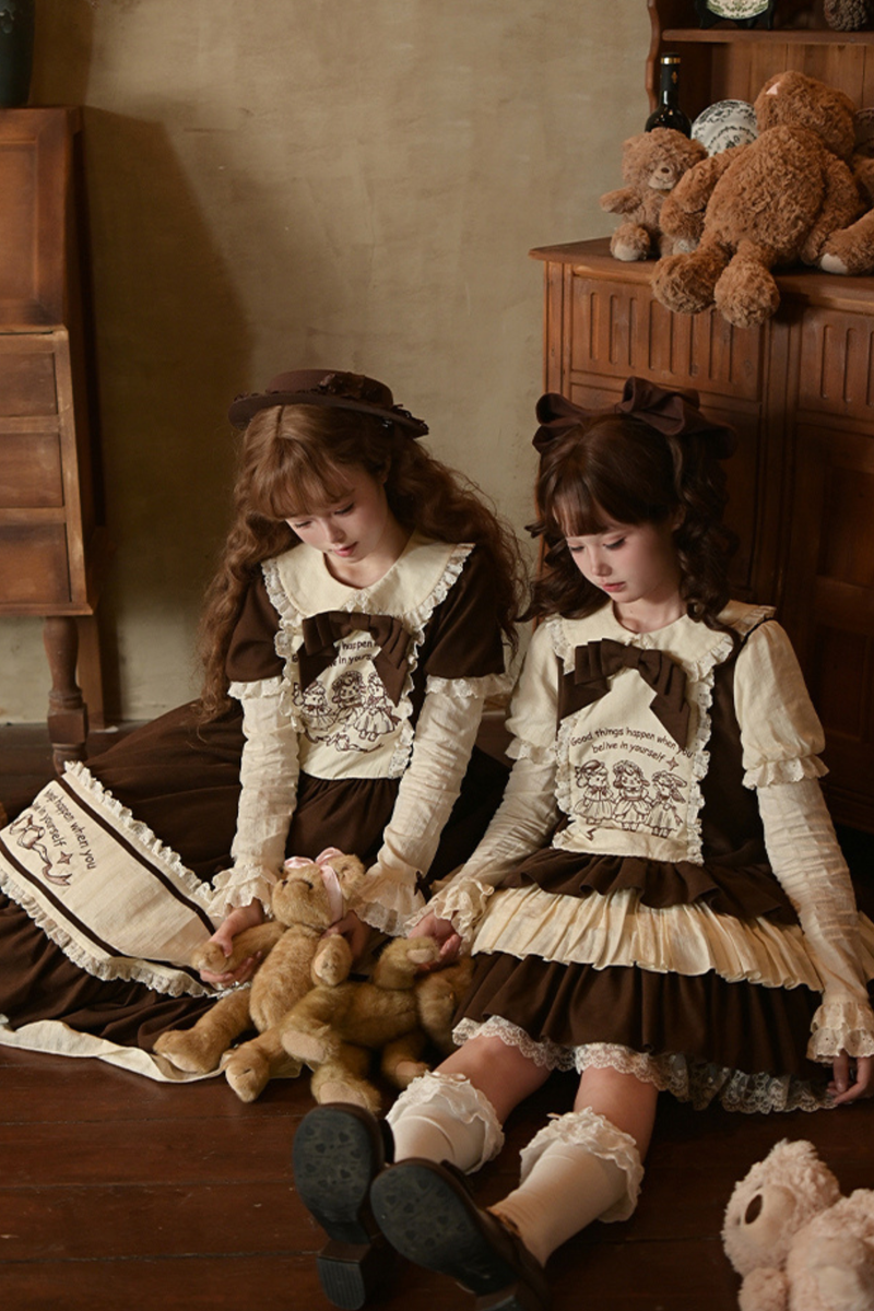 Doll Fairytale Lolita Dress + Bow Brooch + Belt + 2way Embroidery Brooch
