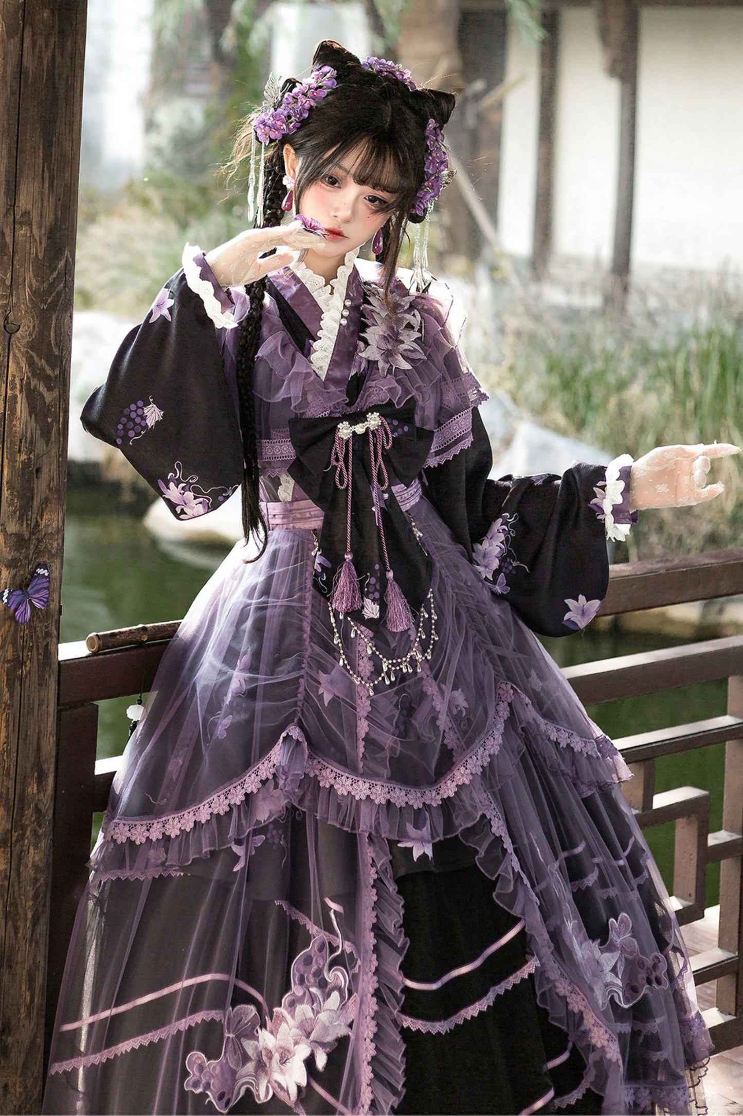 Dark Chinese-style Cross Collar Dress + Overdress + Skirt
